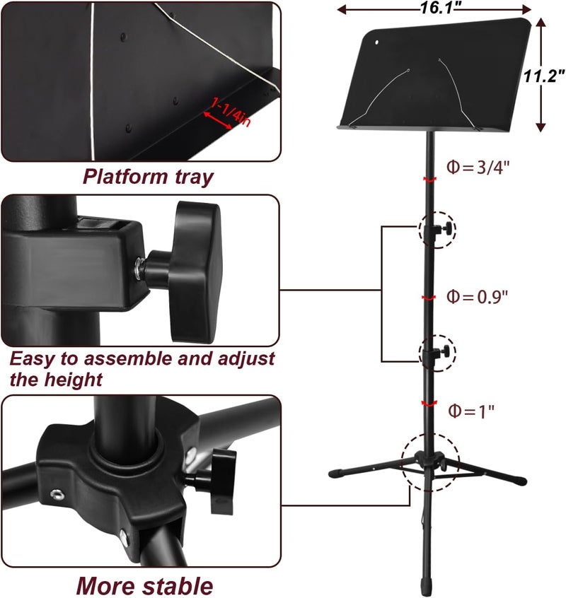 HOLANHING 57IN Sheet Music Stand, Tall Music Stand for Sheet Music High Stability, Adjustable Portable Music Sheet Stand with Carrying Bag for Guitar, Violin, Ukulele (33-57IN-A) - Image 4